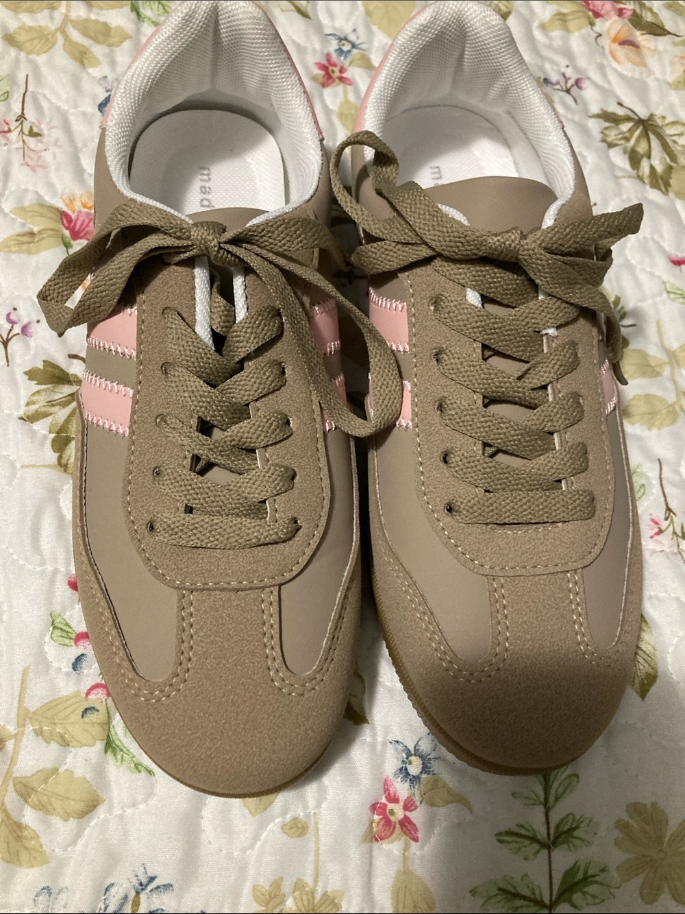 Madden Girl Taupe Sneakers with Pink Stripe Accents
